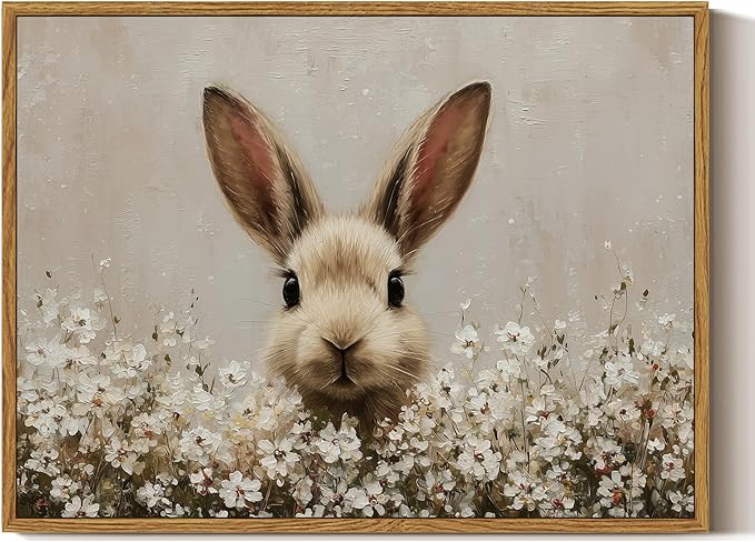 ARPEOTCY Vintage Framed Canvas Wall Art, 12x16inch, Easter Bunny Spring Rabbit Wall Decor, Animal Art Prints Home Decorations, Wildflower Paintings for Living Room Bedroom Shelf Decor