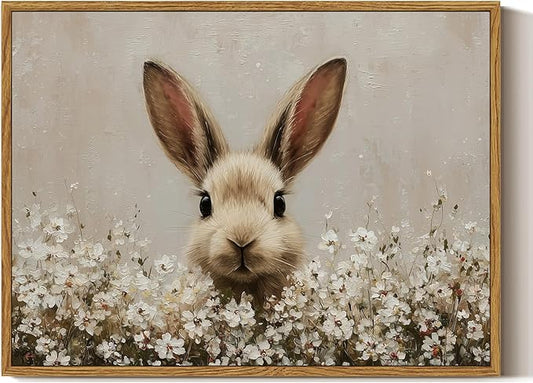 ARPEOTCY Vintage Framed Canvas Wall Art, 12x16inch, Easter Bunny Spring Rabbit Wall Decor, Animal Art Prints Home Decorations, Wildflower Paintings for Living Room Bedroom Shelf Decor