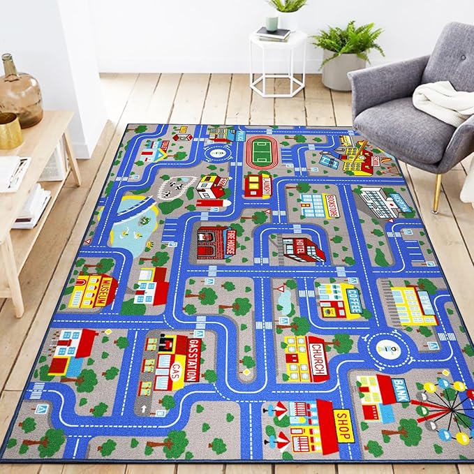 Kids Carpet Playmat Rug 5'0''x6'6'', Kids Rugs for Bedroom, Non-Slip Town City Road Map Car Rugs for Kids Toy Cars, Track Carpet Play Rug for Playroom Classroom Decor (Blue)