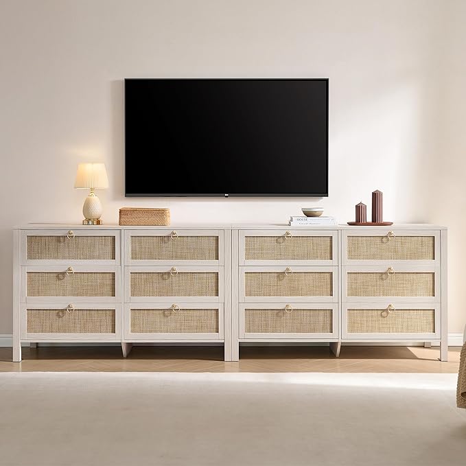 SICOTAS Rattan 6 Drawer Dresser for Bedroom : 2 Pieces 51" Wide Dressers Chest of Drawers Cabinet for Closet with Larger Storage, Boho Dressers TV Stand for Living Room, Hallway (White Cream Oak)