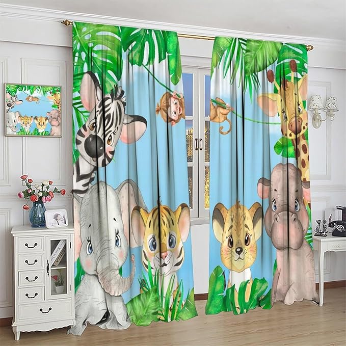 Kids Animals Blackout Curtains Watercolor Cartoon Cute Animals Green Jungle Art Printed for Children Girls Boys Bedroom Nursery Rod Pocket Decoration Window Drapes 2 Panels W31.5xL72in