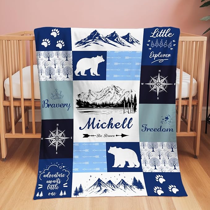 Personalized Baby Blanket with Name, Custom Name Blanket for Kids Soft Flanne Blankets in Easter Personalized Baby Gifts for Infant Newborn Shower (Mountain)