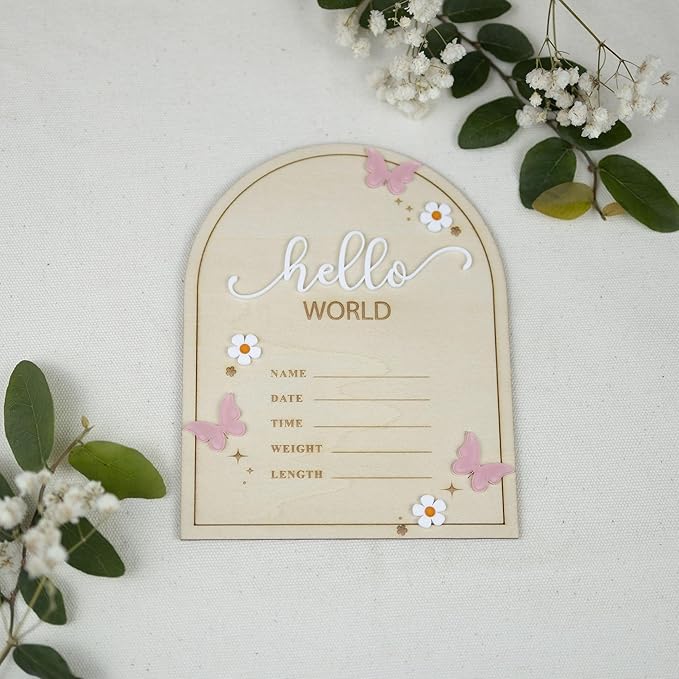 Baby Announcement Sign 6.5 Inch Wooden Hello World Newborn Welcome Sign Birth Name Plaques for Photo Props Shower Hospital Nursery (Butterfly)