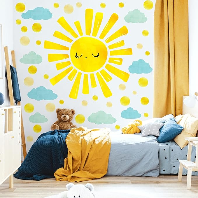 Large Sun Clouds Wall Decals Polka Dots Wall Decals Sun Cloud Wall Stickers for Kids Room Bedroom Nursery Playroom Classroom Decor