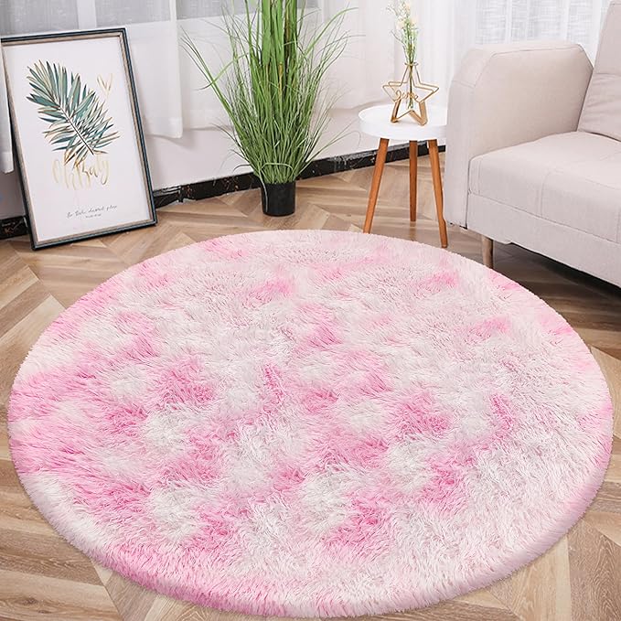 5 ft Pink Fluffy Round Rugs for Girls Bedroom,Plush Circle Area Rugs for Living Room Cute Shaggy Circular Carpet Furry for Dorms Nursery Rooms Kids Unicorn Room Decor Aesthetic Baby Play Mat