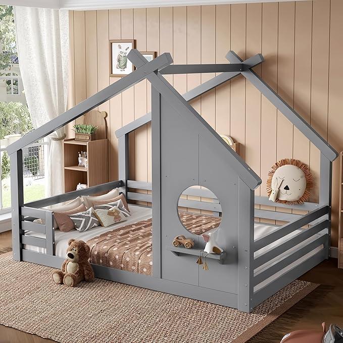 SOFTSEA Full Size House Bed Frame, Kids Floor House Bed with Window and with Storage Shelf for Boys Girls, Wood Montessori Bed with Roof and Guardrails, Grey