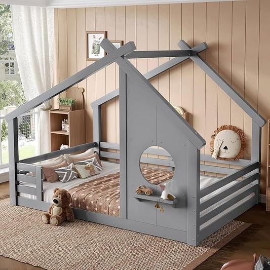 Polibi Full Size Floor Bed with House-Shaped Roof,Window and a Small Shelf, Solid Wood Low Profile Floor Bed for Kids, No Box Spring, Grey
