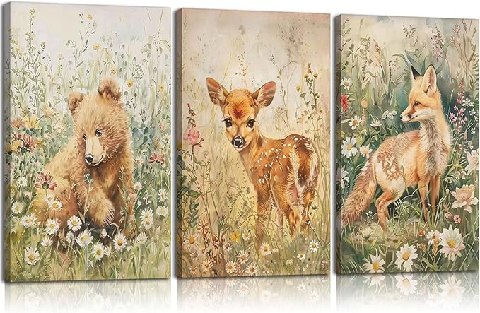 3Pcs Woodland Animal Nursery Canvas Wall Art Forest Animal Nursery Poster Prints Cute Wild Animals Painting Bear Deer Fox Artwork Picture Wall Decor for Boys Girls Room Playroom 12x16in Framed