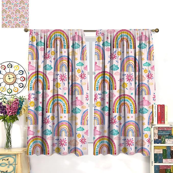 Kids Rainbow Curtains Boho Cartoon Colorful Stars Pink Lovely Rainbow Abstract Art Pattern Print Window Drapes for Bedroom Living Room Kitchen Decor,2 Panel Set,63x63 Inch Blackout