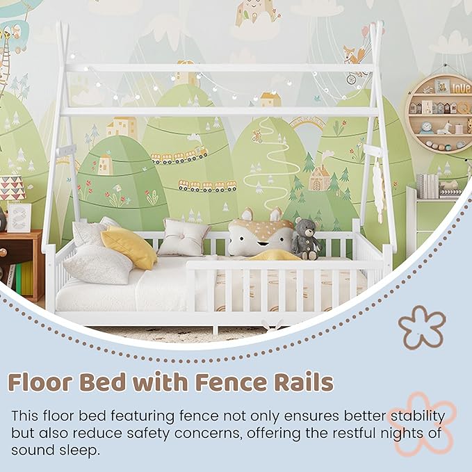 Montessori Bed Full Size with Light and Slats, Wood Teepee Floor Bed for Kids Boys Girls,House Bed Frame with Rails & Roof,No Box Spring Needed, White