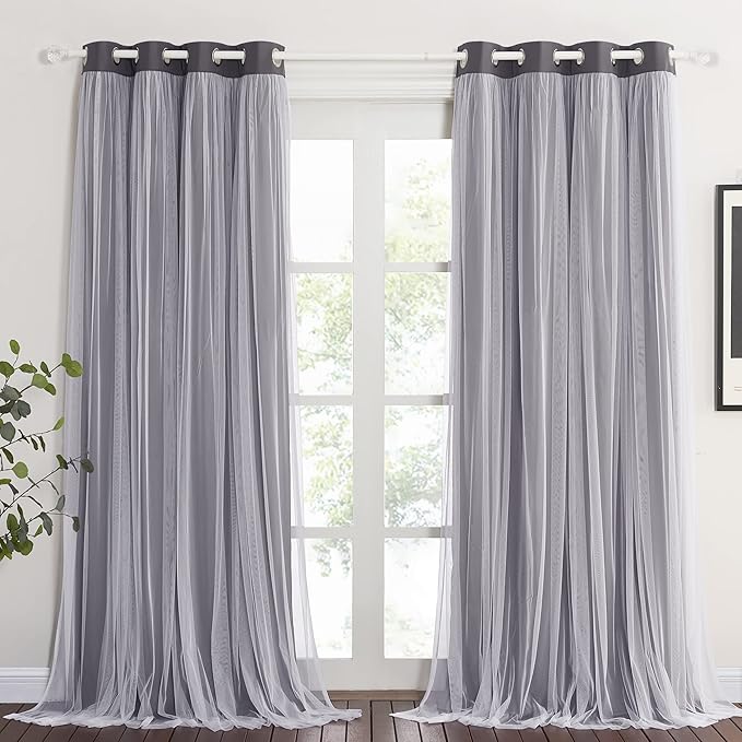 PONY DANCE Blackout Curtains 84 Inches Long - White Sheer Overlay Thermal Insulated Curtains for Living Room, Cortina para Sala (W52 x L84 inch, Grey, One Pair Grommet Drapes, with Tie Backs)