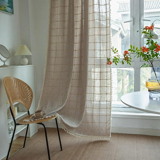 Deeprove Boho Curtains 84 Inches Long for Bedroom, Cotton Linen Light Brown Plaids Embroidery Semi Blackout Bohemian Aesthetic Window Treatment Grids Drape Tassels, 1 Panel W52 x L84 Tan