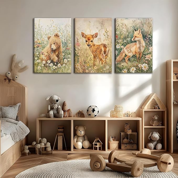 3Pcs Woodland Animal Nursery Canvas Wall Art Forest Animal Nursery Poster Prints Cute Wild Animals Painting Bear Deer Fox Artwork Picture Wall Decor for Boys Girls Room Playroom 12x16in Framed