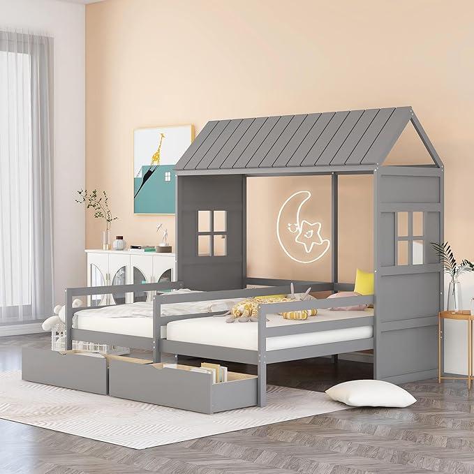 P PURLOVE Double Shared Bed,Twin Size House Platform Beds with Two Drawers for Boy and Girl Shared Beds, House Bed Frame Combination of 2 Side by Side Twin Size Beds,Gray