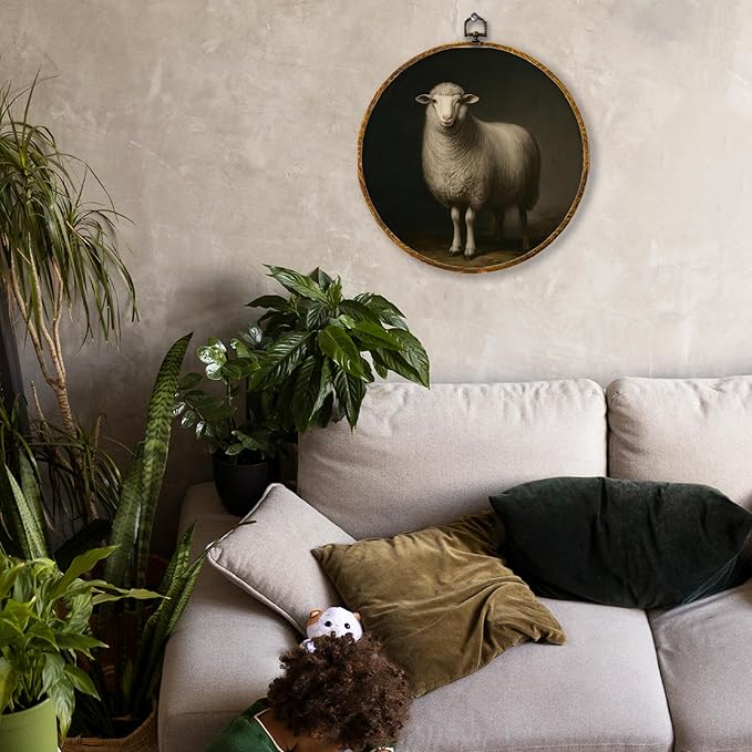 Hiuwevt Vintage Farmhouse Sheep Round Wall Art Decor, Rustic Country Sheep Framed Canvas Prints, Moody Classic Farm Animals Round Wall Hanging Decor for Home Living Room Decorations, 10x10 Inches