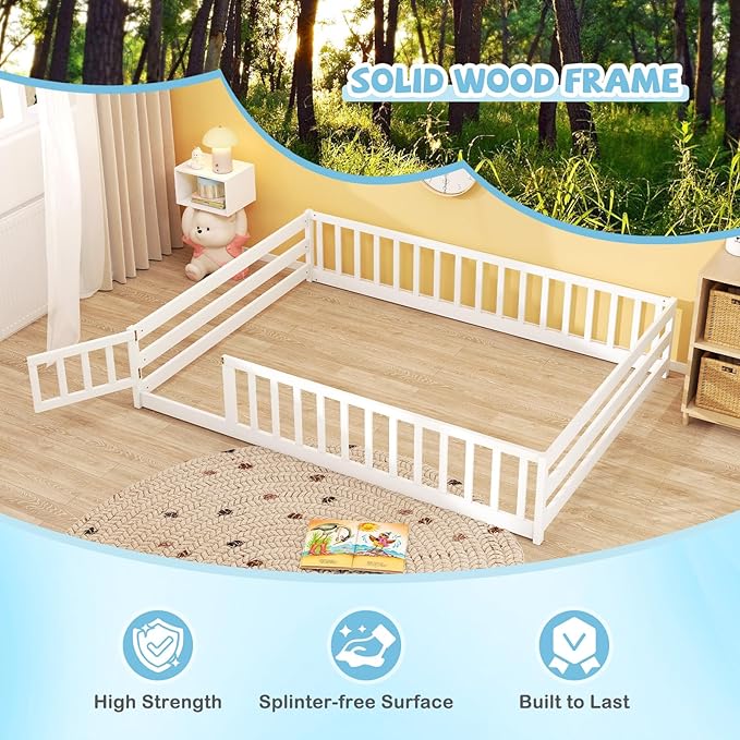 Giantex Full Floor Bed with Door & Fence, Kids Wood Montessori Beds with Safety Guardrails, Floor Bed Twin for Kids, Boys, Girls, No Box Spring Needed, White