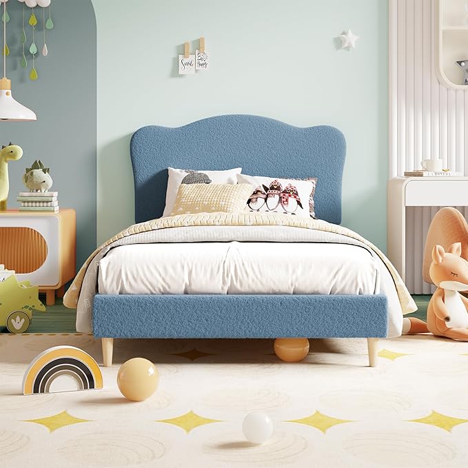 GarveeHome Upholstered Twin Size Bed Frame for Kids with Scallop Headboard, Cute Velvet Twin Bed for Girls, Boys, Sturdy Platform Bed, No Box Spring Needed, Wooden Slats, Noise Free, Blue