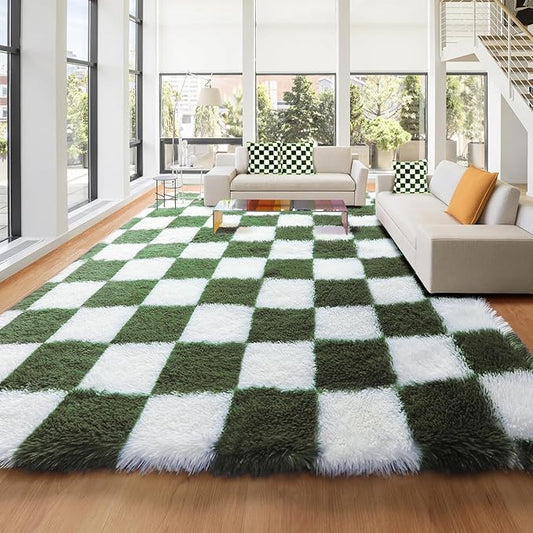 KICMOR 8x10 Area Rugs for Living Room, Large Soft Fluffy Checkered Big Fuzzy Shag Shaggy Bedroom Carpet, Olive Green and White Plush Floor Rug for Kids Boys Girls Dorm Nursery Home Decor Aesthetic