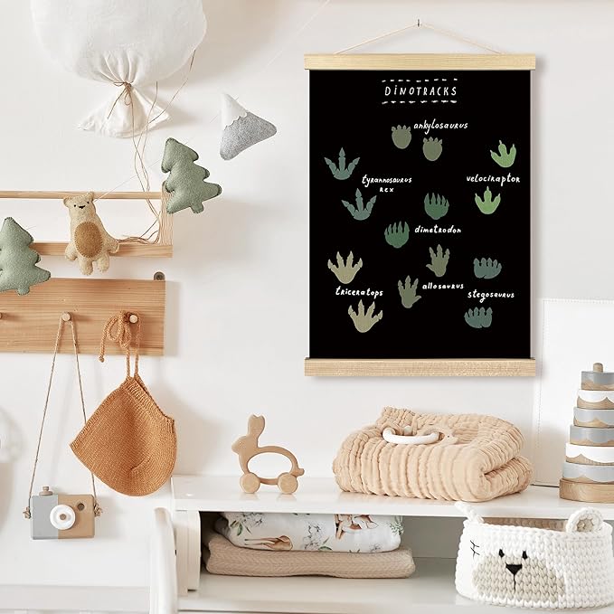 BCUANGD Dinosaur Dino Paw Wall Decor - Baby Toddler Boys Room Wall Art Poster Hanger with Wood Frames, Inspirational Black Hanging Canvas Decor for Kids Room Playroom Nursery Bedroom, 12x16 Inches
