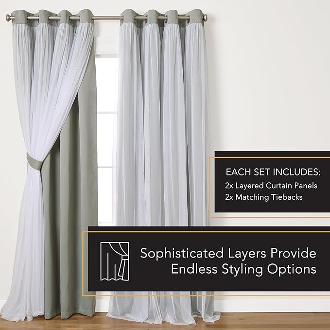 TOWN & COUNTRY LUXE Talia Double Layer Indoor Curtains, Sheer and Room Darkening Blackout, Grommet Top, Energy Efficient, 2-Pack Set, 52"x96", Soft Grey
