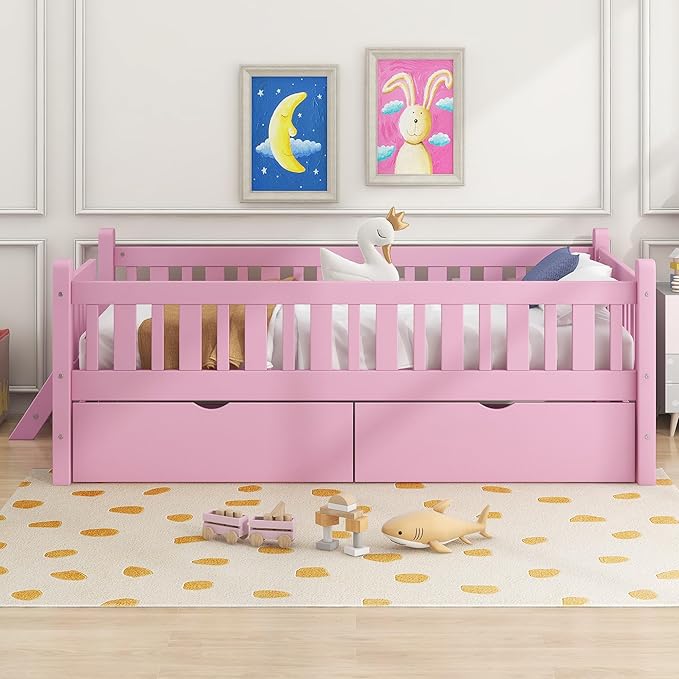 Twin Size Platform Bed with Guardrail and 2 Drawers, Wood Kids Platform Bed Frame with Two-Step Ladder for Boys Girls, Sturdy Slats Support (Pink-1.26)