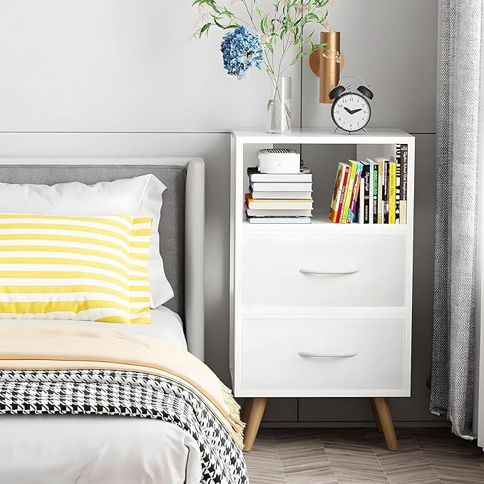Night Stand, White Kids Nightstand with Fabric Drawers, Nursery Side Table with Open Storage, 3-Tier Modern End Table, Bedside Table for Small Space, Living Room, Bedroom