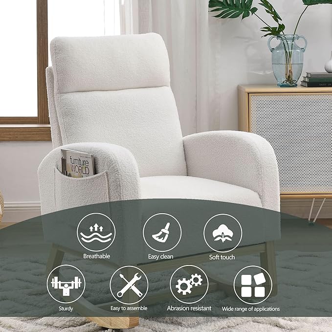 Nursery Rocking Chair with Solid Wood Legs, Glider Chair for Nursery with Two Side Pockets, Rocker Armchair for Living Room Bedroom (Ivory White, Teddy Fabric)