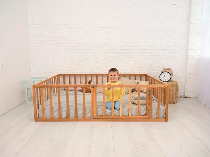 Montessori Floor Bed with 21.7" High Railings, Made in Europe from Alder Wood, 7 Colors Kids Bed Frame for Toddler Bedroom, 5 Sizes Toddler Beds for Boys and Girls, Water Based Paint (Model 19)