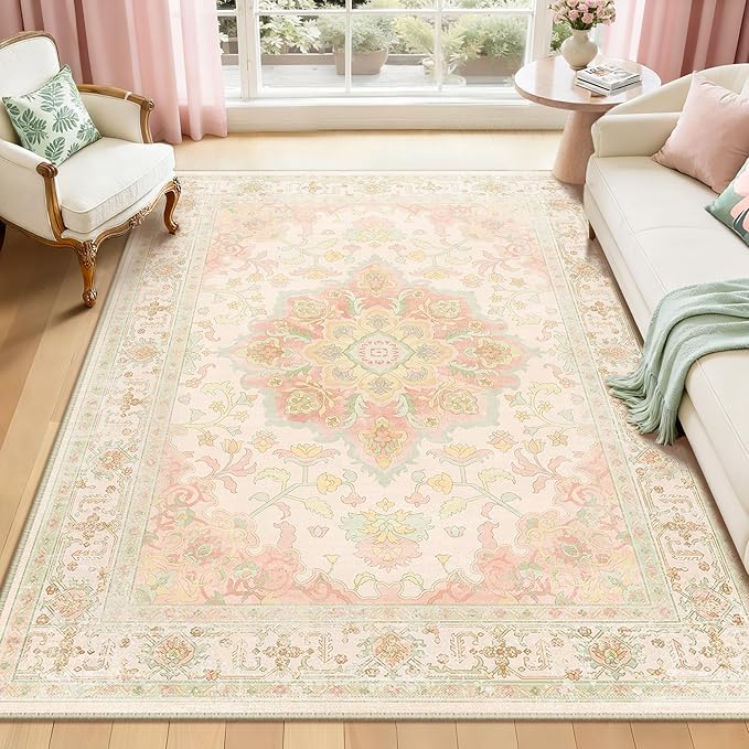 Machine Washable Rugs Nursery Rug 5x7 Cute Girl Non Slip Low Pile Water Repellent Soft Print Pattern for Bedroom Indoor Decor Kids Playroom Pinkgreen