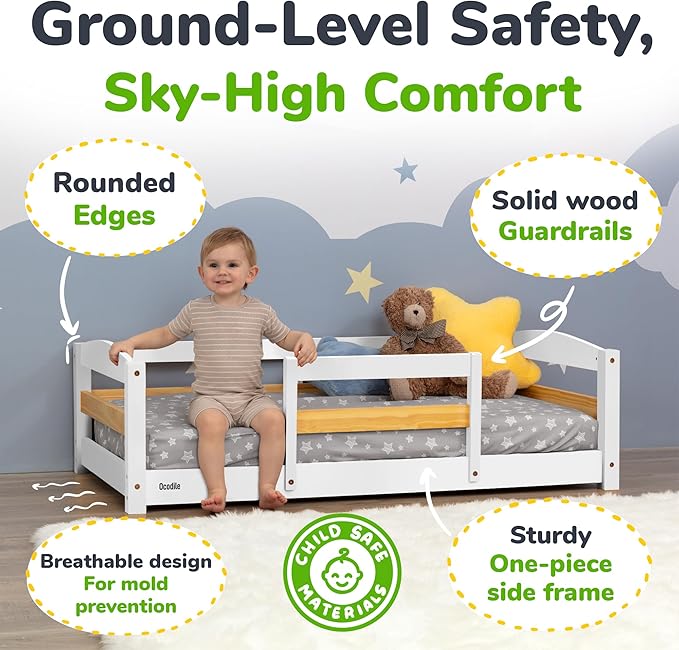 Ocodile Toddler Bed with Rails | Low Montessori Floor Bed Frame for Kids | Standard Crib Size Wooden Frame for Independent Toddlers 1-3 - White