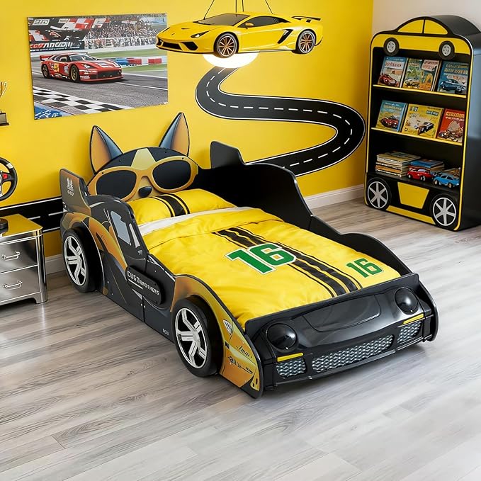 Twin Bed Frames for Kids, Cartoon Dog Race Car Bed Wooden Platform Bed Frame with LED Lights, Twin Size Chidren Bed Frame with Wood Slat Support, Fits Standard Mattres (Black Yellow)