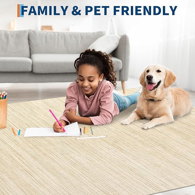 9x12 Area Rugs for Living Room Washable Solid Large Bedroom Rugs Non Slip Soft Modern Abstract Dining Room Throw Carpet Minimalist Classic Plain Area Rug for Nursery Kitchen Home Office, Beige