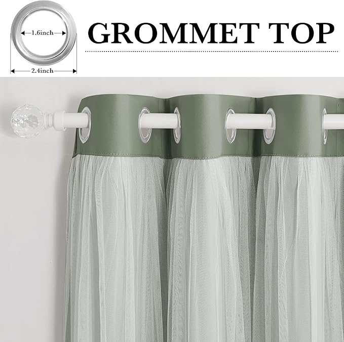 PONY DANCE Living Room Curtains 84 Inch Length - Sheer Overlay Blackout Curtains, 52 inches Wide, Window Treatment Panels, Cortinas De Sala Elegantes (Sage Green, Set of 2, with Extra Tie-Backs)