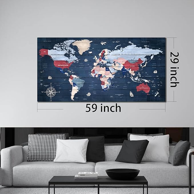 ZHAOSHOP World Maps for Wall - Blue Wall Decor for Living Room - World Map Canvas Wall Art Ready to Hang Size 59" x 29"