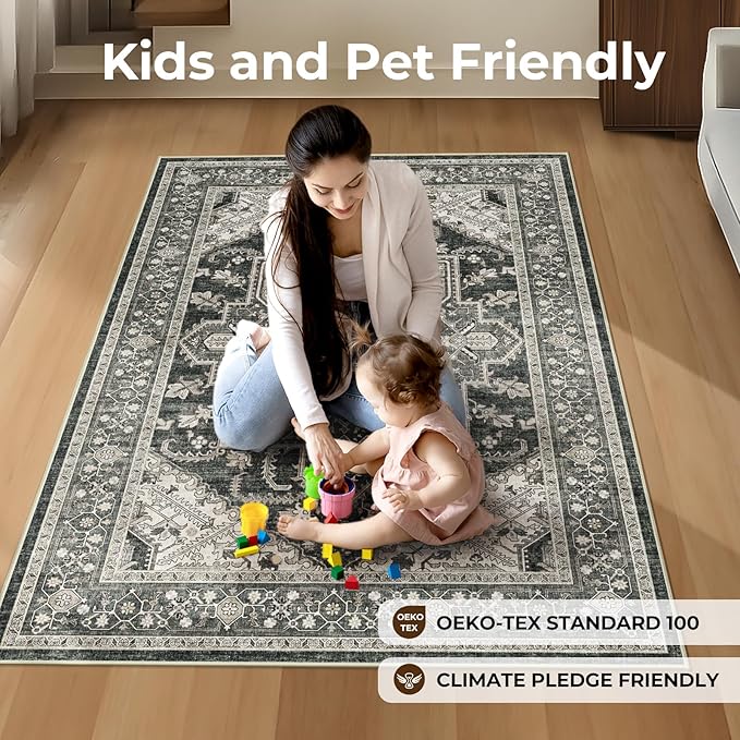 WITSHOCK Living Room Area Rugs 4x6: Washable Rug Boho Soft Non-Slip Low Pile Stain Resistant Foldable Carpet for Bedroom Playroom Dining Room Office Kitchen Farmhouse Home Decor Rug-Bitter Black