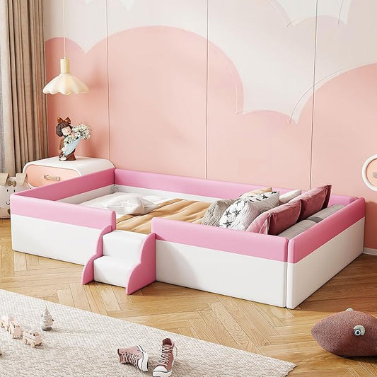 Merax Upholstered Kids' Daybed, Daybed Frame with Fence and Stairs, No Box Spring Needed, Twin Size, Pink+White