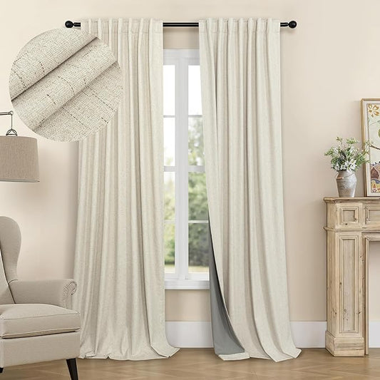 Short Linen Blackout Curtains for Bay Windows 48 Inch Length Bedroom Living Room Bathroom Heat Light Blocking Cute Curtains 48 Inches Long 2 Panels Set Burlap Drapes 52x48 Back Tab & Rod Pocket Beige