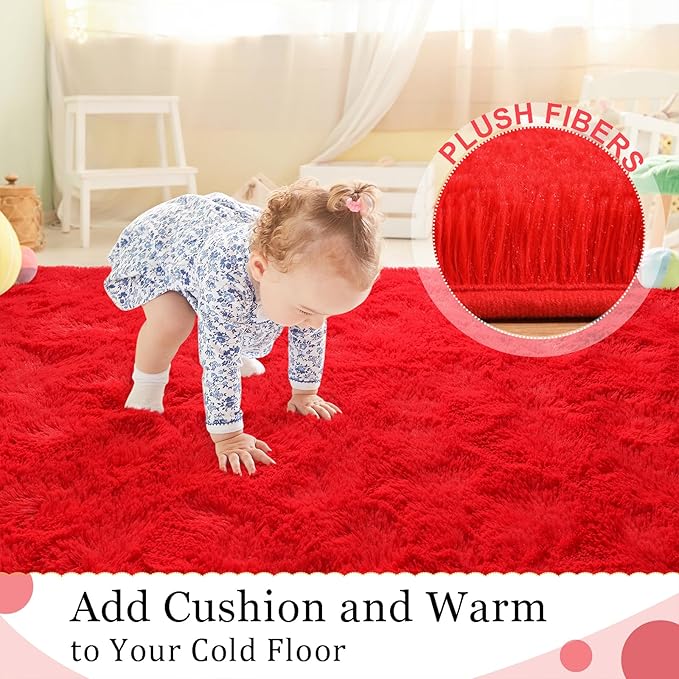 BENRON Soft Area Rugs for Living Room Bedroom Washable, Fluffy Rugs for Kids Children Girls Boys Room Decor, 3x5 Throw Rug for Nursery Kitchen Dining Table, Indoor Floor Carpets, Red