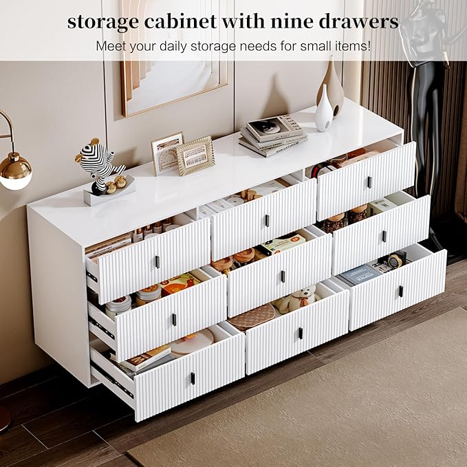 Modern Chest of Drawers with 9 Drawers,Deep Drawers,Clothes Organizer,Large Storage Cabinet for Living Room, Bedroom,Hallway,with Anti-Tipping Device, Black