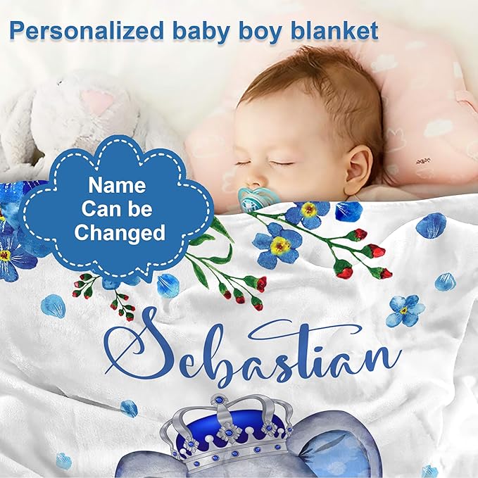 J&SBGFT Personalized Baby Blanket for Boys,Custom with Name, Customized Name Receiving Blankets Toddlers Kids Nursery Stroller Crib Decor Throw 30/''x40/'',Color12, 12-blue Floral Elephant