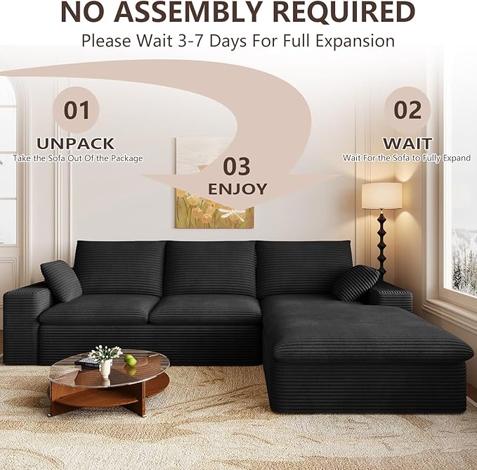 Cloud Sectional Couch,107 Inch Modular Sectional Sofa with Deep Seat, Modern Corduroy Boneless Couches with L-Shape Chaise for Living Room Bedroom, No Assembly Required (Black, Right Facing Chaise)
