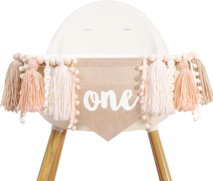 Yarn Tassel One High Chair Banner -Daisy Baby First Birthday Decorations,Cake Smash Shabby Chic Banner Photo Props,Vintage 1st Birthday Highchair Bunting,Holiday Home Wall Hanging Decorations.