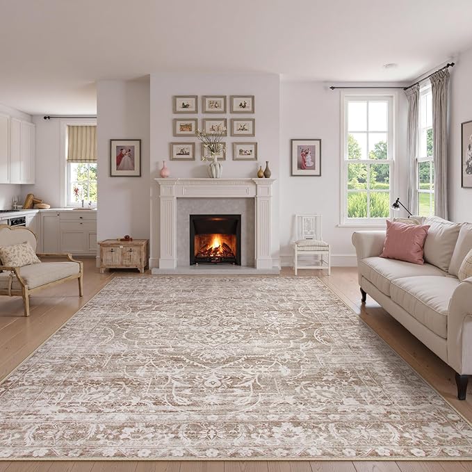 Lahome Neutral Living Room Rugs 8x10,Large Washable Rugs for Bedroom,Non-Slip Soft Bedroom Rug 8x10 Under Bed, Boho Vintage Farmhouse Carpet for Dining Room Table Office (Taupe/Beige,8'x10')