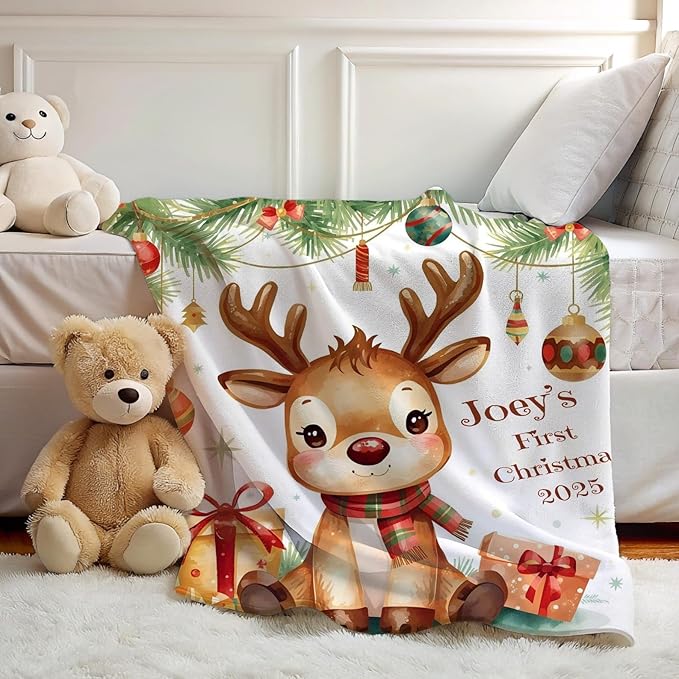 Personalized Baby's First Christmas Blanket, Custom Reindeer Baby Name Christmas Blanket, Soft Fleece Or Sherpa Throw, Baby Shower, Made in USA