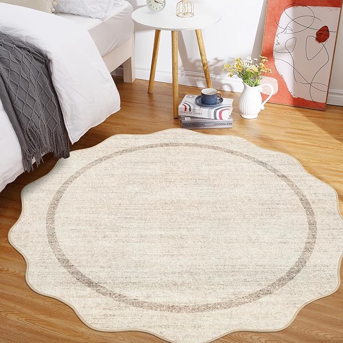 GarveeHome Scalloped Round Washable Rug, Soft Modern Round Rugs 5 ft Circle Carpets for Bedroom Ultra-Thin, Boho Beige Print Distressed Circular Carpet for Living Room Dorm Bedside, Beige