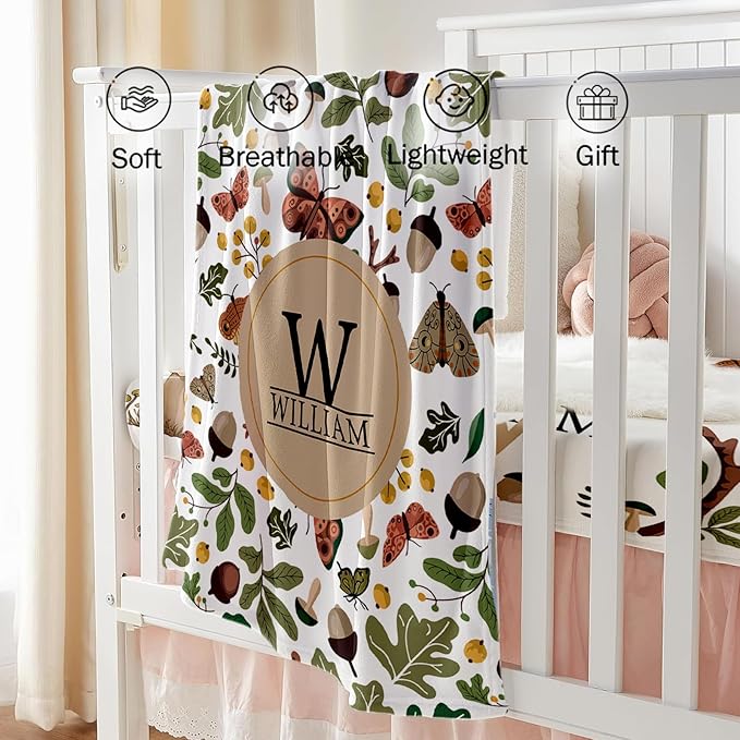 Custom Baby Crib Bedding Set - Mushroom Design Personalized Name Baby Nursery Bedding 3 Pcs Set - Chic Soft Blanket, Fitted Sheet, Room Rug for Newborns Boys Girls Gifts