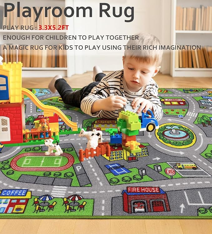 Kids Rug 3'3" x 5'2" City Life Playmat Area Rug Car City Map Washable Traffic Road Educational Learning Nursery Rug Carpet for Children Playroom Living Room Bedroom Classroom Decor Green