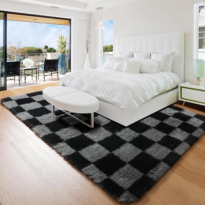 KICMOR Black and Grey Area Rug for Bedroom, 4x6 Fluffy Fuzzy Shag Checkered Rugs Shaggy Carpet for Living Room, Soft Plush Furry Bedside Rug for Kids Boys Room, Guest Room, Home Office Reading Nook