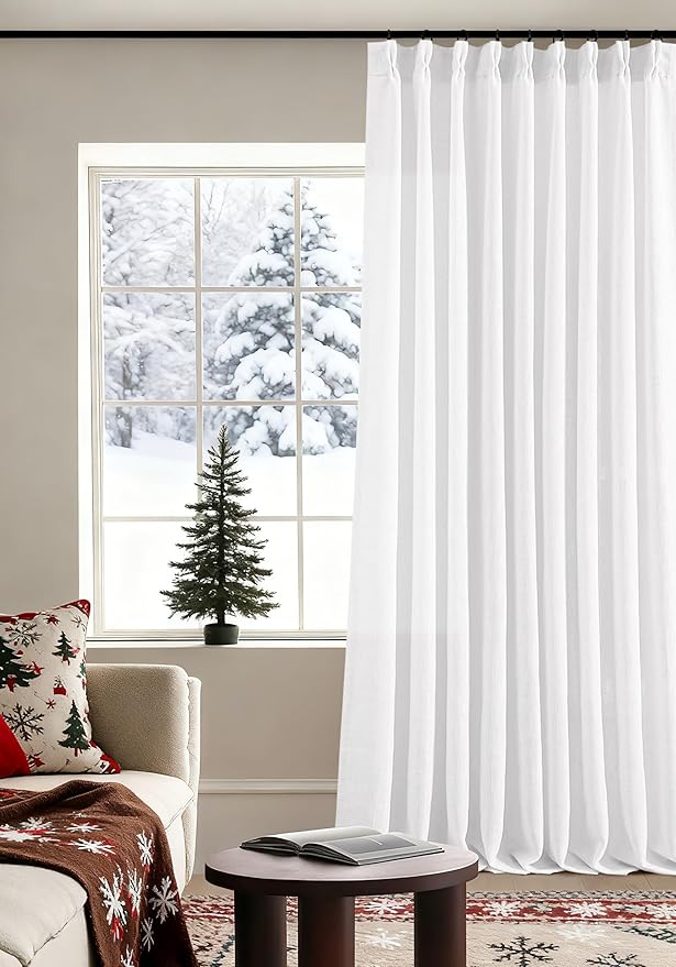 Snow White Pinch Pleated Linen Curtains 1 Panel for Living Room Bedroom Memory Training Shaped Semi Sheer Pleat Drapes with Hooks Rings Light Filtering Window Curtain 60x108