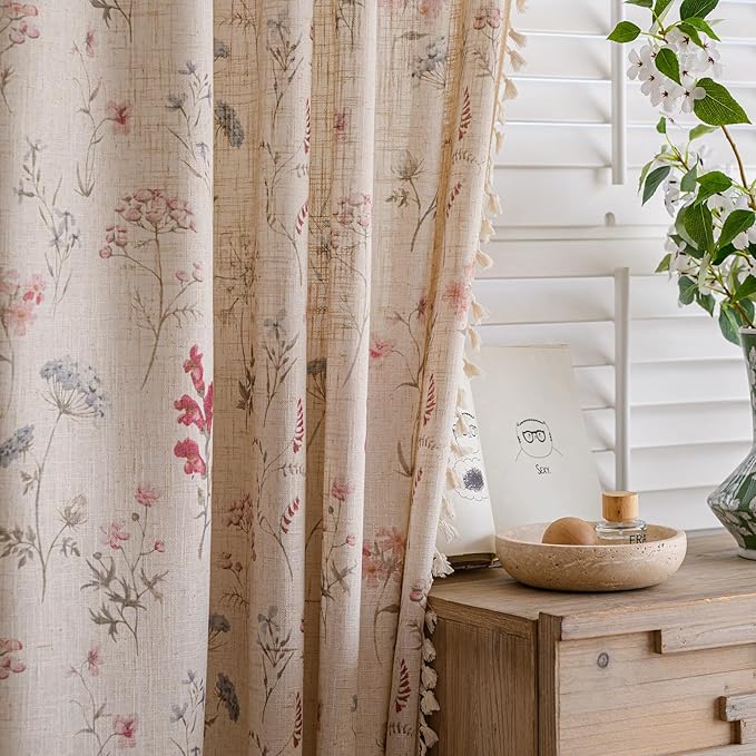 OYX Floral Curtains 2 Panels 52x63 Inches, Boho Tassel Semi-Sheer Light Filtering, Rod Pocket Farmhouse Window Drapes for Bedroom Living Room Dining Room, Bohemian Aesthetic Decor